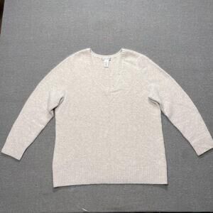Jillian Jones Sweater Womens 1X Beige Angora Wool V-Neck Soft Cozy Argyle Knit